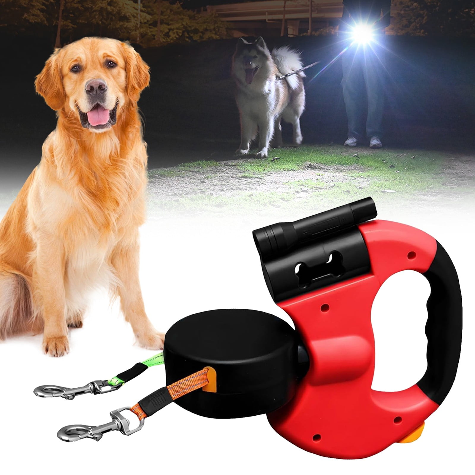 Dual Retractable Dog Leash, Dual Dog Leash with Tangle-Free Swivel – Tangle-Free Leash for 2 Dogs, Detachable for Single Use, One-Button Brake & Lock, 360° Swivel, Non-Slip Handle(Battery Version)