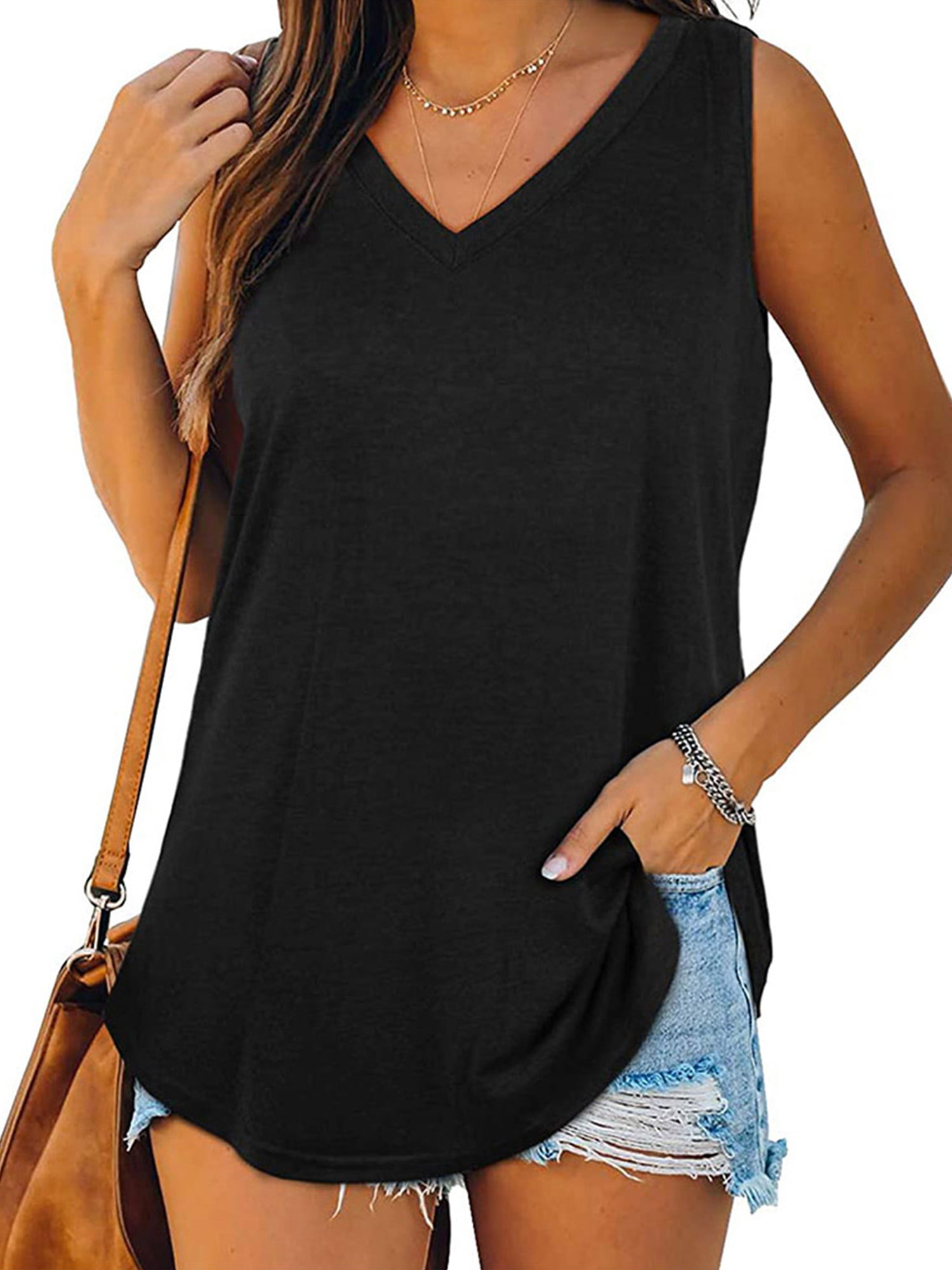 LilyLLL Womens Loose Solid Color Sleeveless V Neck Tunic Blouse Tank ...