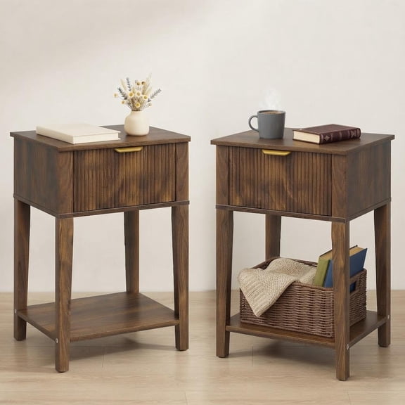 VITALOOM 2 Pack Dark Walnut Nightstand, Fluted Drawer Bedside Table with Shelf, Slim Storage End Table