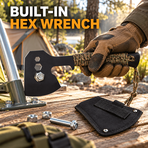Small Outdoor Camping Hatchet with Built-in Hex Wrench, Portable Tool Axe Equipped with Protective Sheath, Practical Tool for Wood Splitting Bushcraft Backpacking Outdoor Use