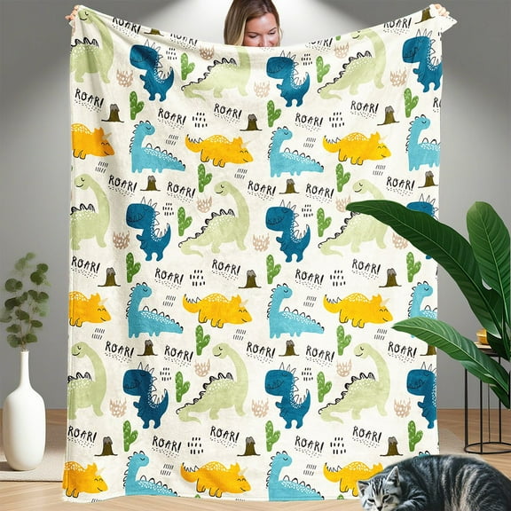 1pc Plush Dinosaur & cactus Print Flannel Blanket - Soft Bedspread with Triceratops, Stegosaurus, Brachiosaurus & Velociraptor - All-Season Cozy Throw for,, Camping, Couch (Machine Washable), 2D Flat
