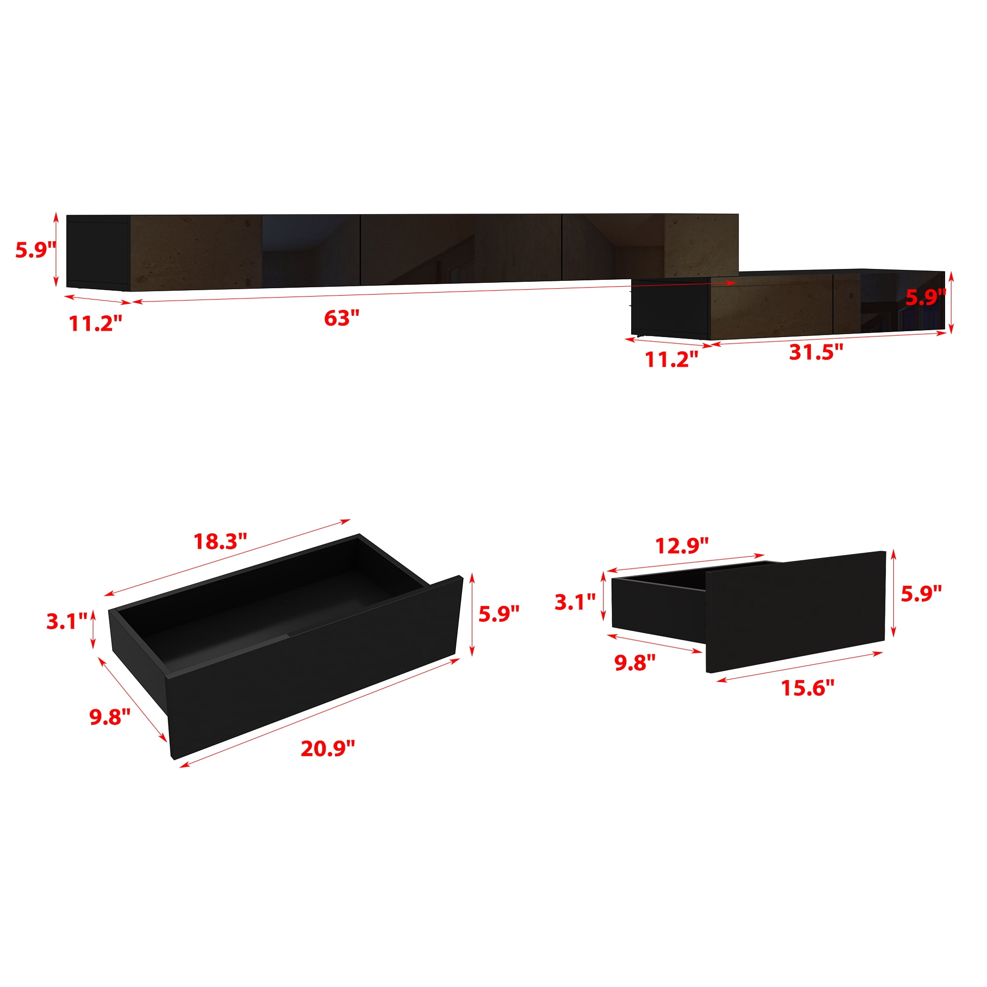 KULAGAGA Floating Wall Mounted TV Stand Media Console with High Gloss Drawers and Led Lights for Living Room, Black