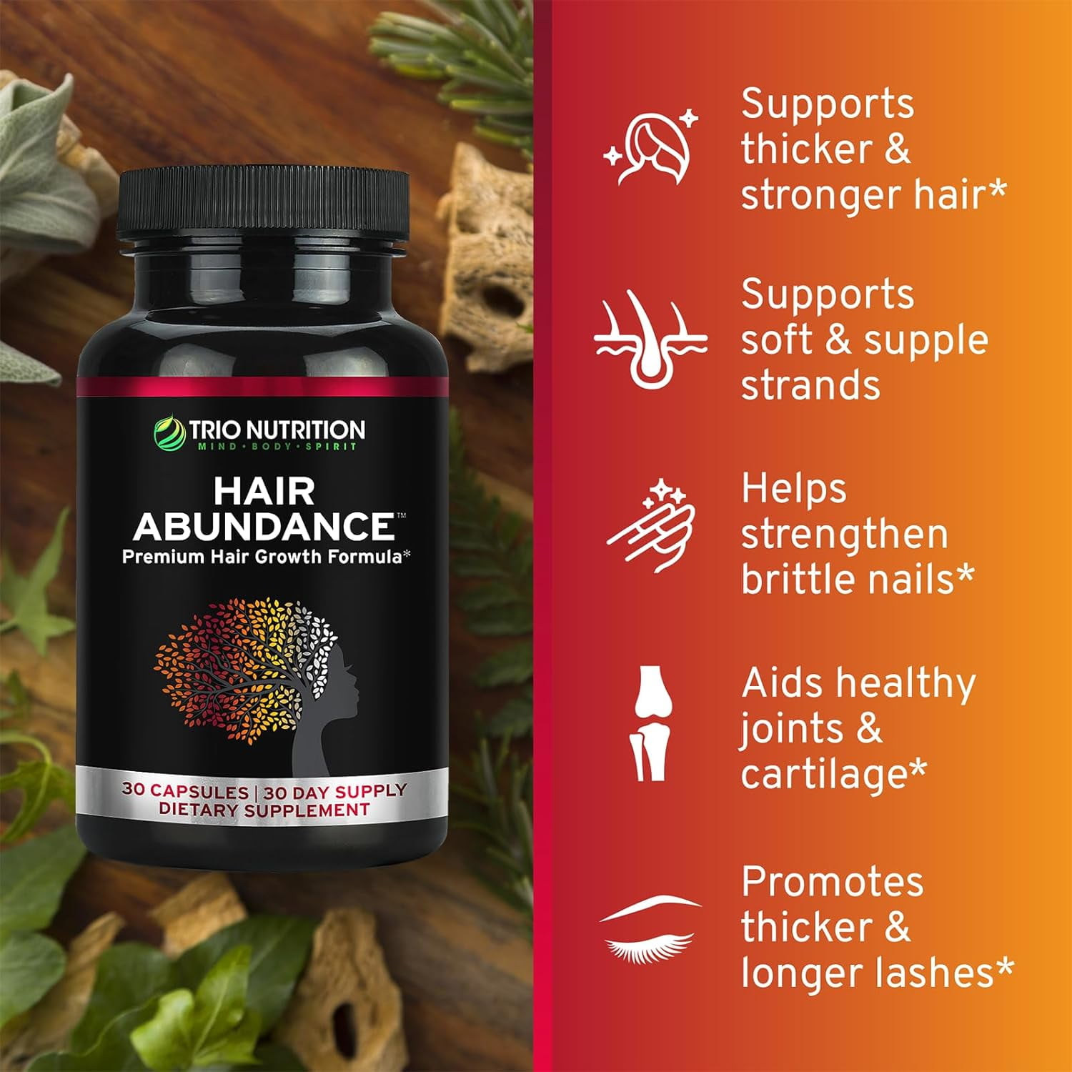 TRIO NUTRITION Biotin Hair Abundance | Hair Growth Vitamins for Hair, Skin & Nails | Biotin 10000mcg | Boosted with Collagen for Women & Men |Powerful Zinc & Selenium | Hair supplement*