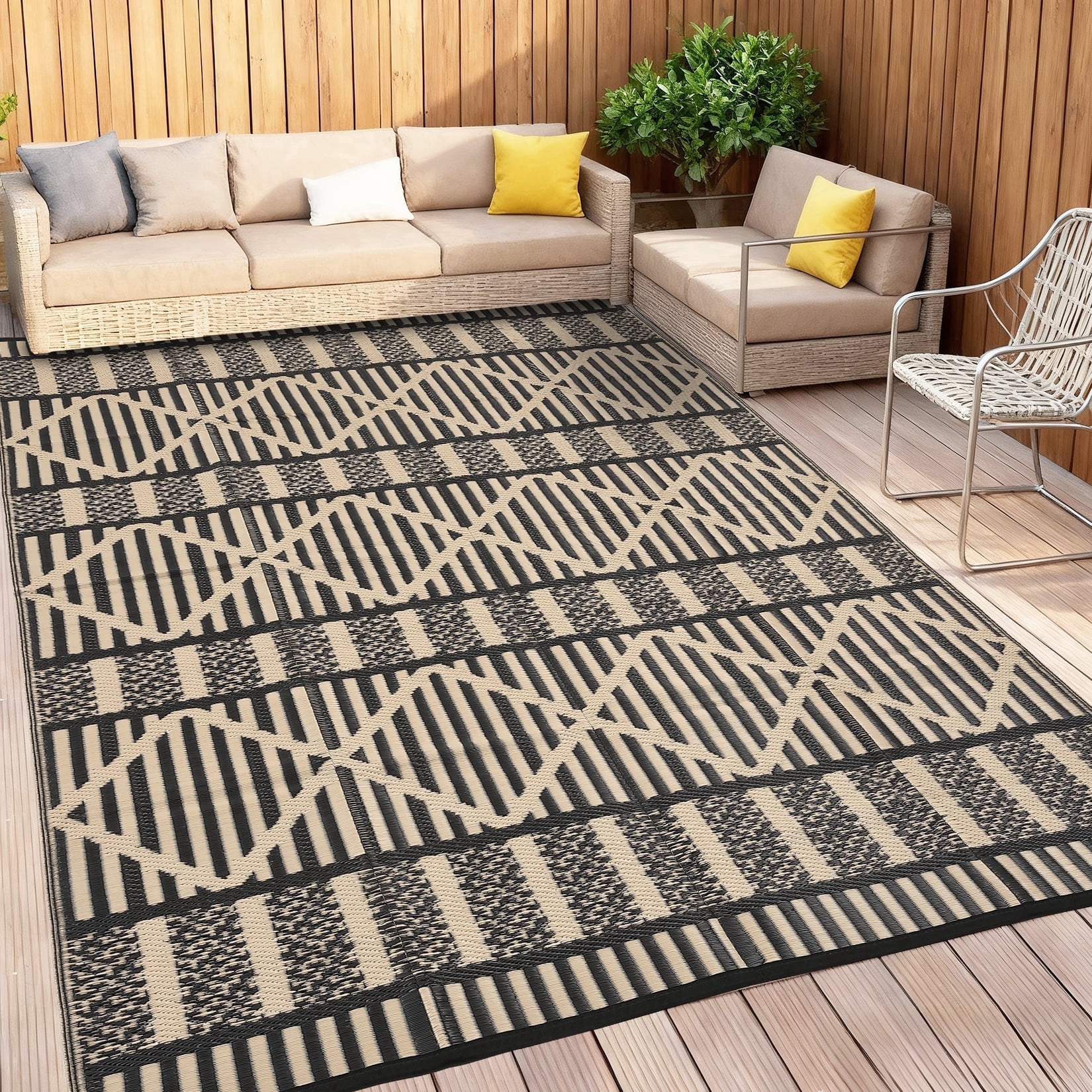HIWEAVER 9' x 18' Brown/Black Outdoor Rug PP Plastic Straw Woven Waterproof Patio Rug with Border Portable Outside Carpet for Balcony Deck Picnic Garden Decor