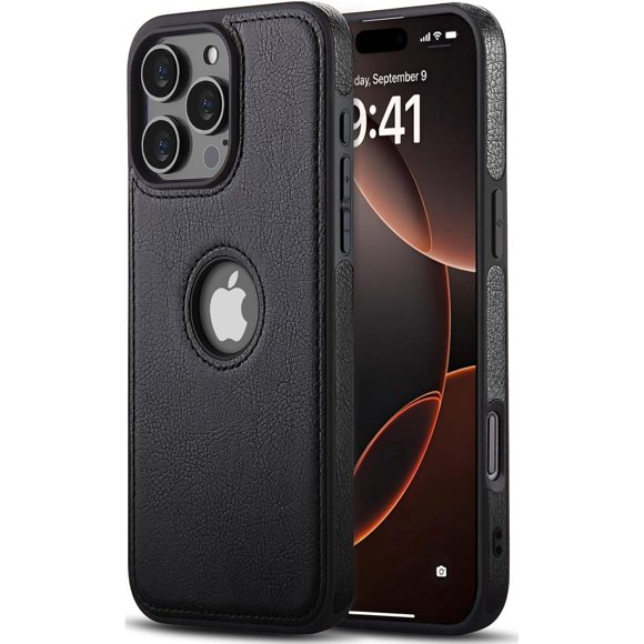 TEMOGU-Compatible with iPhone 16 Pro Max Case Premium Leather TPU Hybrid Case Cover,Black