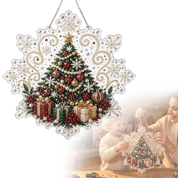 KUMHONW Christmas Pearl Pearl Painting Suncatcher Kit, DIY Craft | Pre-Assembled Metal Chain, Acrylic Snowflake Shape Board with Lace Edge, 3D Mixed-Sized Pearl Beads Craft (11.82IN,christmas tree)