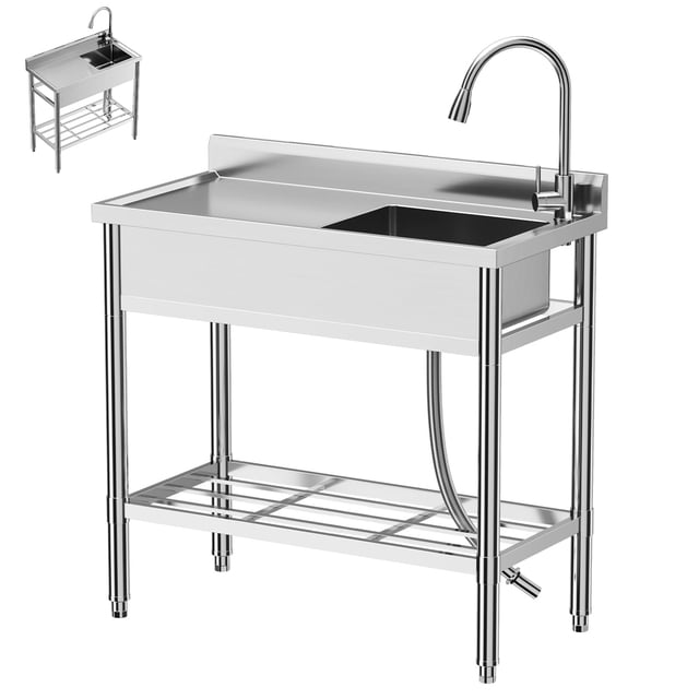 BeesClover Évier Utilitaire en Acier Inoxydable, Évier de Cuisine Autoportant à Bol Unique Ensemble d'Évier Commercial avec Tablette de Rangement pour Établi et Robinet en Acier Inoxydable 304 Chaud/froid pour Éviers Extérieurs