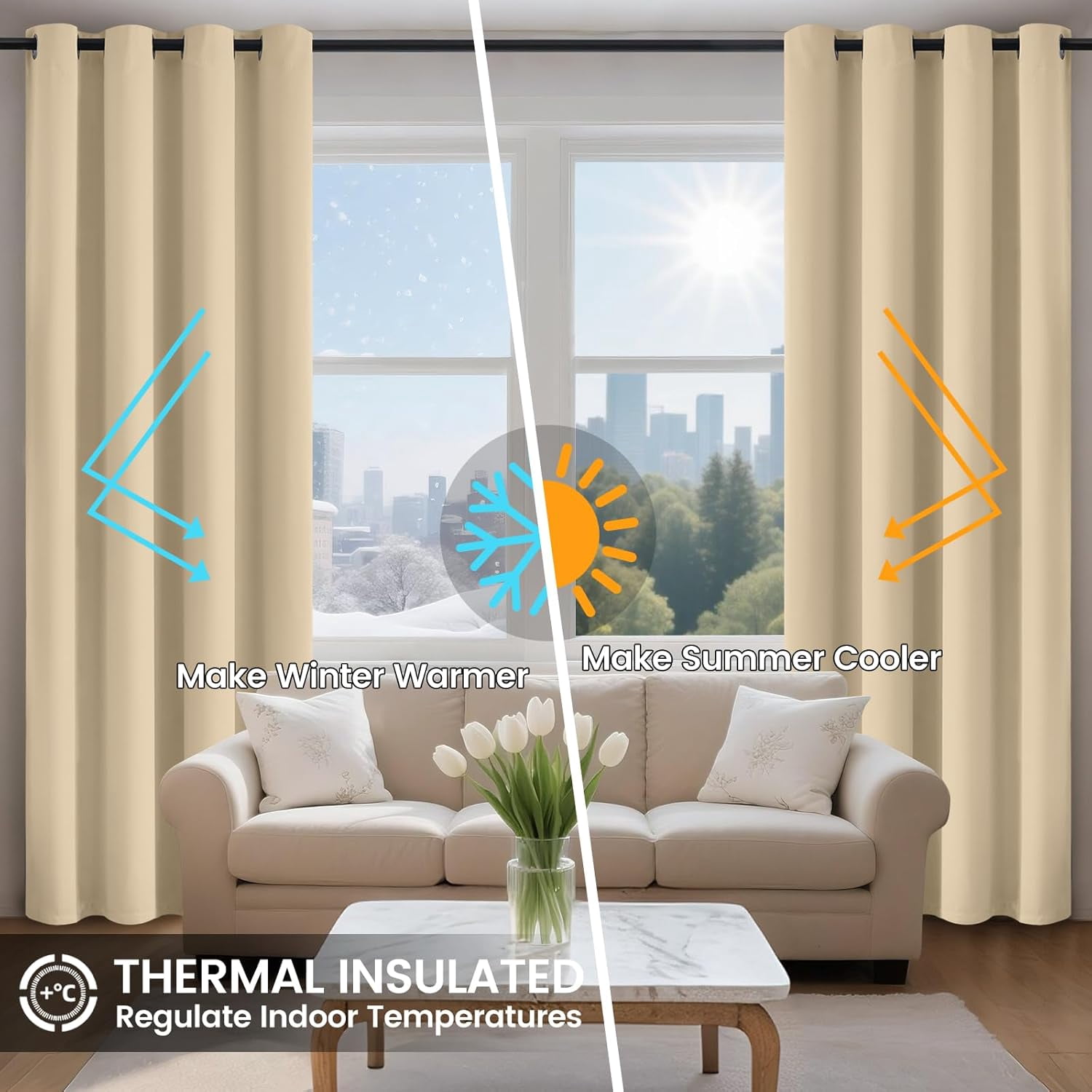 100% Beige Blackout Curtains for Bedroom Living Room 84 Inches Length 2 Panels Set, Full Light Blocking Thermal Insulated Grommet Nursery Window Treatment Drapes with Black Liner,W40 x L84
