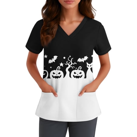 2026 Halloween Scrubs Tops for Women Holiday Fall Fashion Cute Printed Casual Soft Stretch Workwear Medical Uniforms Scrub Shirts 01-Black-XL