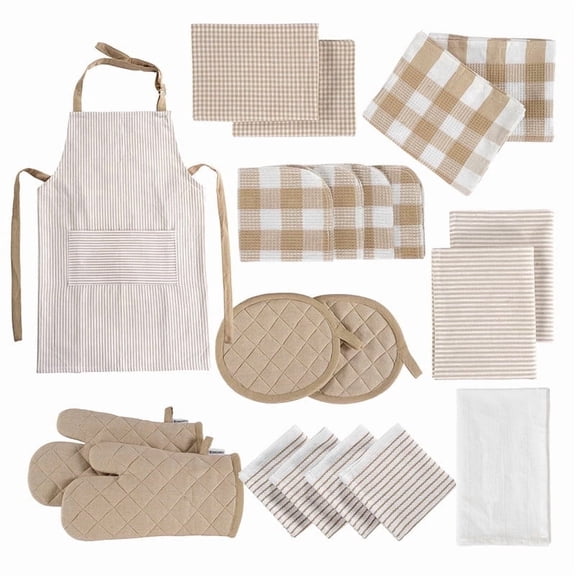 20 Piece Kitchen Dish Cloths Set - Cotton Dish Towels, Heat Resistant Kitchen Mittens and Pot Holder Set, Apron for Men with Pocket, Absorbent Dish Towels for Kitchen Drying - Beige