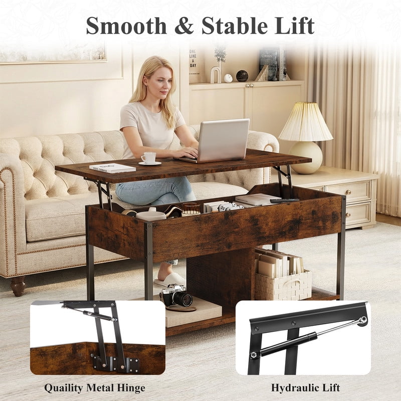 Gianna Lift Top Coffee Table with Storage 39" Center Table with Hidden Compartment & 2 Shelves Farmhouse, Wood Coffee Table for Living Room with Sturdy Lift-Top Adjustable Feet，Brown