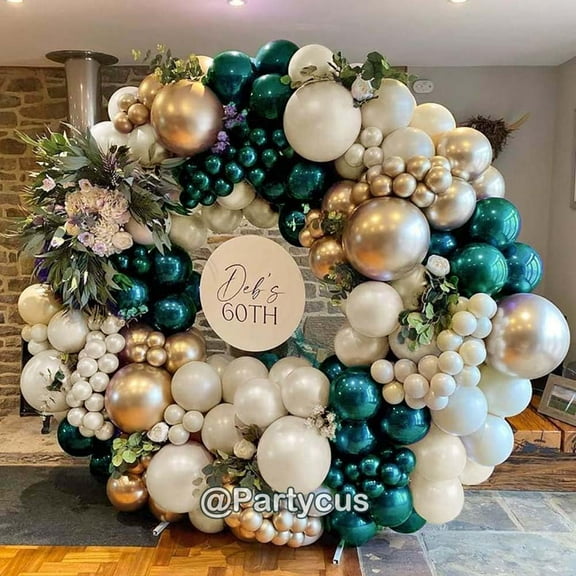 93Pcs Emerald Green Gold Balloon Arch Kit, Double Stuffed Dark Forest Green Pearl White Sand Ivory Christmas Balloon Garland for Birthday Wedding Xmas Anniversary New Year Party Decoration