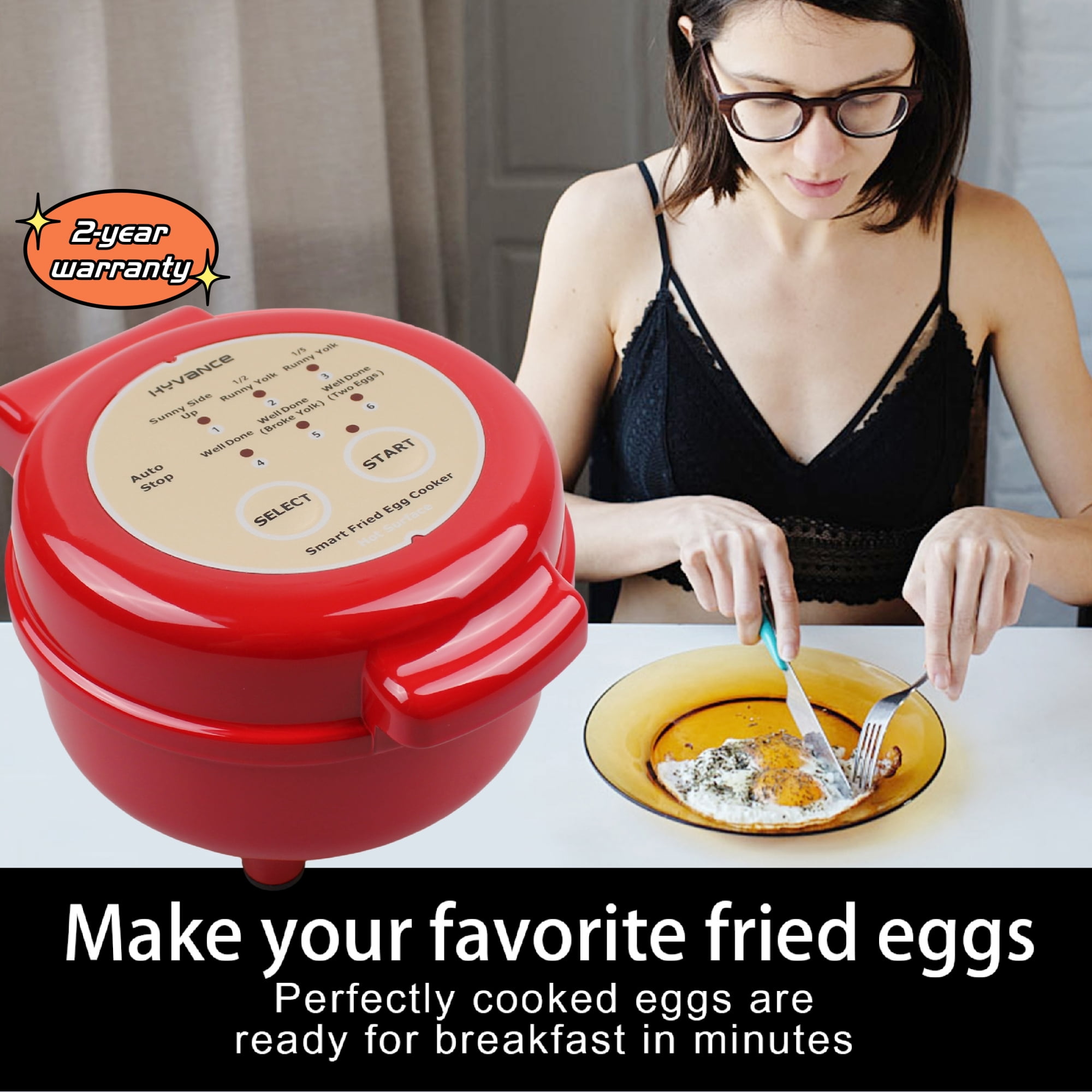 Hyvance Smart Fried Egg Cooker, Automatic Fried Egg Maker for 6 Features like Sunny Side Up, Over Easy, Fully Cooked & More. Auto Power Off, Alarm, Round Shape, Non Stick Coating (Red)