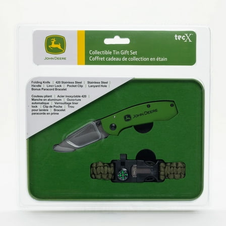 John Deere Collectible Gift Tin Set - Pocket Knife & Bonus Paracord Bracelet
