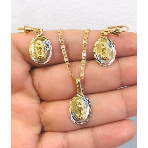 14K Gold Filled Necklace Set Virgen de Guadalupe Earrings 20x13mm / Guadalupe Necklace Pendant / Cadena y Dije de Guadalupe