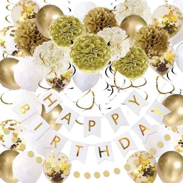 Paquete de 49 decoraciones doradas de feliz cumpleaños para mujeres Grils, con pancarta de cumpleaños, pompones de papel, guirnalda de lunares dorados y remolinos colgantes para decoración de fiesta JAMW Sencillez