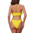thumbnail image 3 of INSPIRAR CHIC Conjuntos de Bikini de Mujer con Cruce de Tirantes de Punto Acanalado de 2 Piezas, Parte Superior con Tirantes y Parte Inferior en Triángulo, Trajes de Baño, Grande, Amarillo, 3 of 5