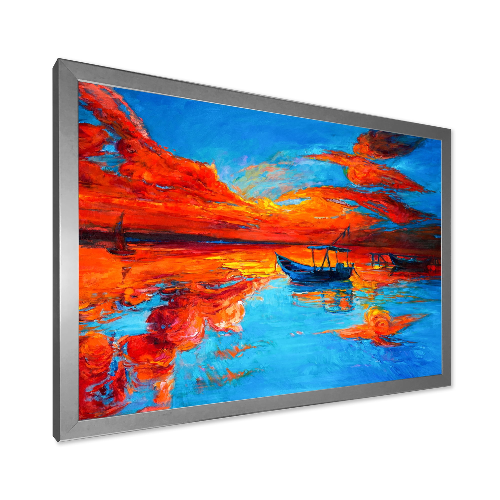 Designart 'Boats During Warm Sunset Resting On The Water VI' Nautical & Coastal Framed Art Print