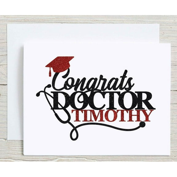 Congrats Doctor Card for Medical Graduates – Personalized with Name – Glittery Red Cap Design – Perfect Gift for Doctor Graduation Celebrations