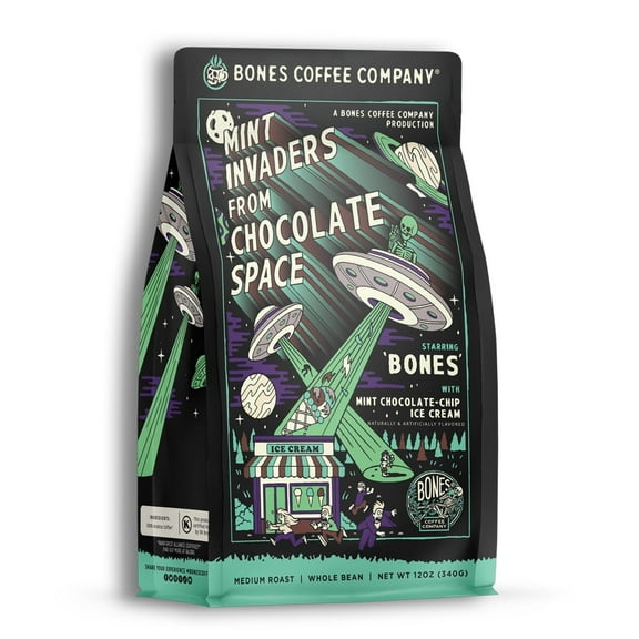 Bones Coffee Company Mint Invaders Whole Coffee Beans Mint Chocolate Chip Flavor, Low Acid Flavored Coffee, Made with Arabica Coffee Beans, Medium Roast Coffee (12 oz)