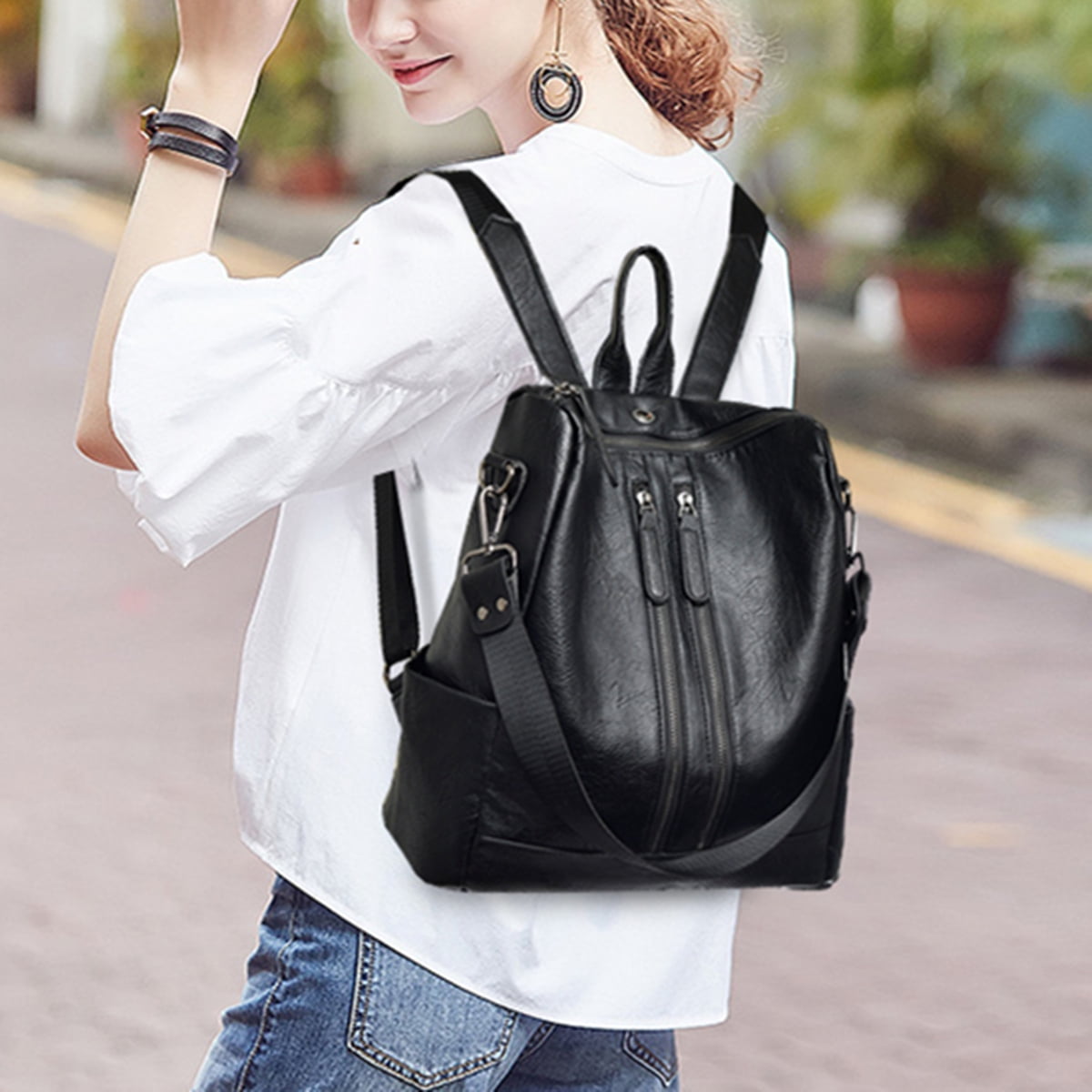 Women Black Leather Travel Backpack Handbag Shoulder School Bag Rucksack Satchel 