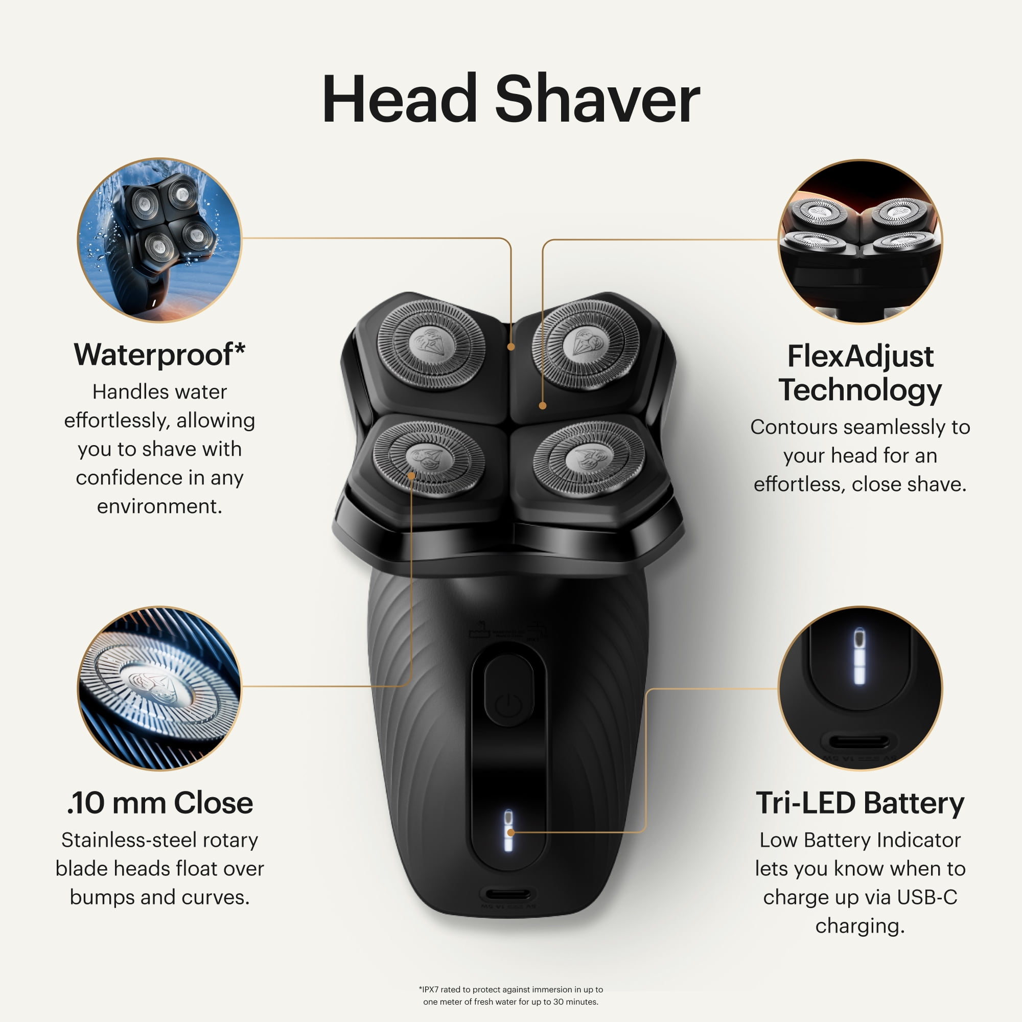 MANSCAPED® The Dome Shaver™ PLUS Men’s Head Shaver – Four Double-Track Rotary Blades with SkinSafe® & FlexAdjust Technology - Black