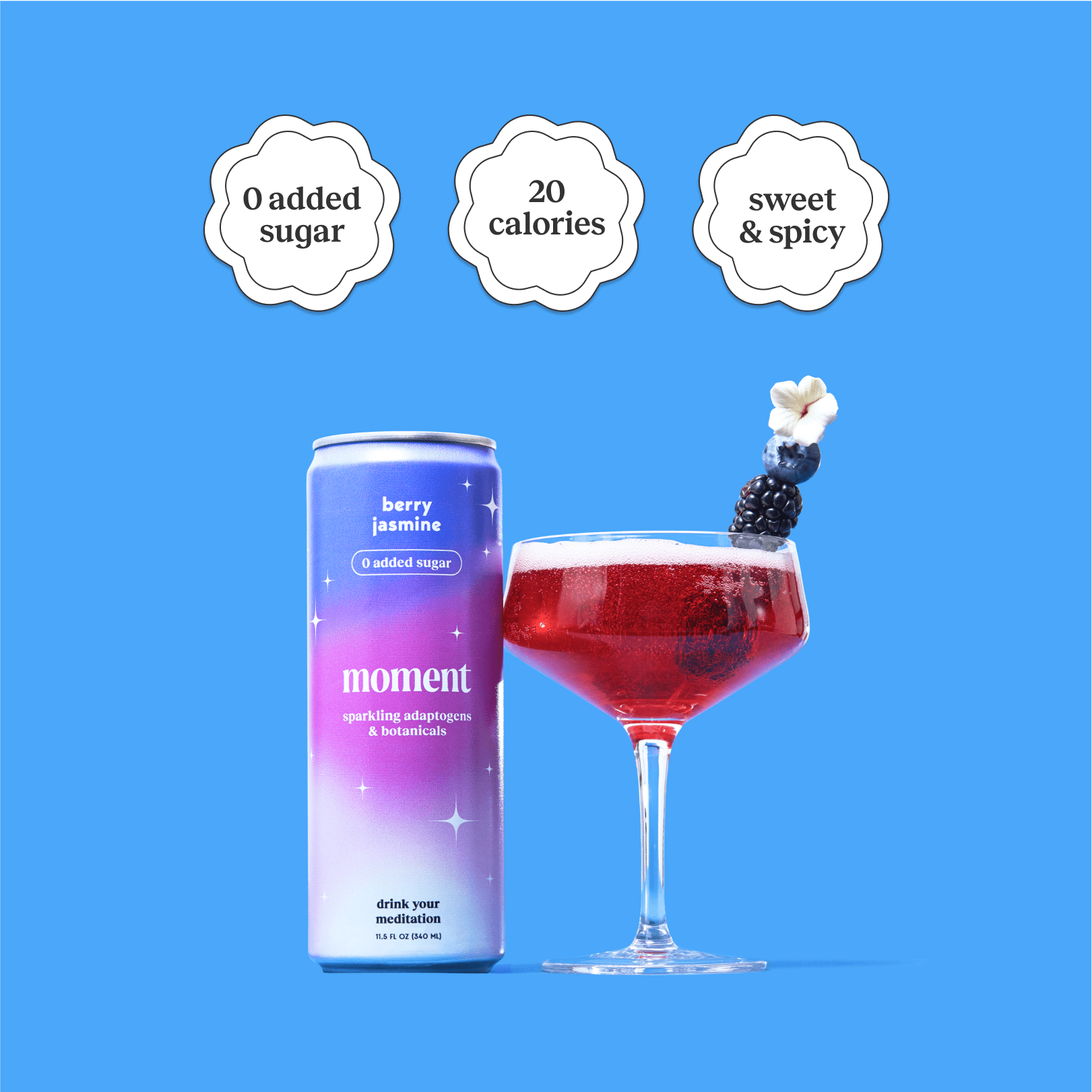 Moment Adaptogen Drink Berry jasmine Soda, 11.5 Oz, 12 Pack Cans
