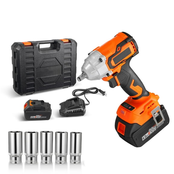 KFFKFF Cordless Impact Wrench, 280 ft-lbs / 380 N·m Torque, 3/8 inch, 20V Electric Wrench with Brushless Motor, 4Ah Battery, Charger, 5 Sockets, and Belt Clip for Automotive and DIY Tasks
