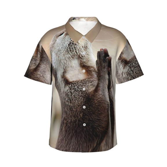 Cute Otter Men'S 3d Print Casual Button Down Shirts, Novelty Hawaiian Short Sleeves Xl