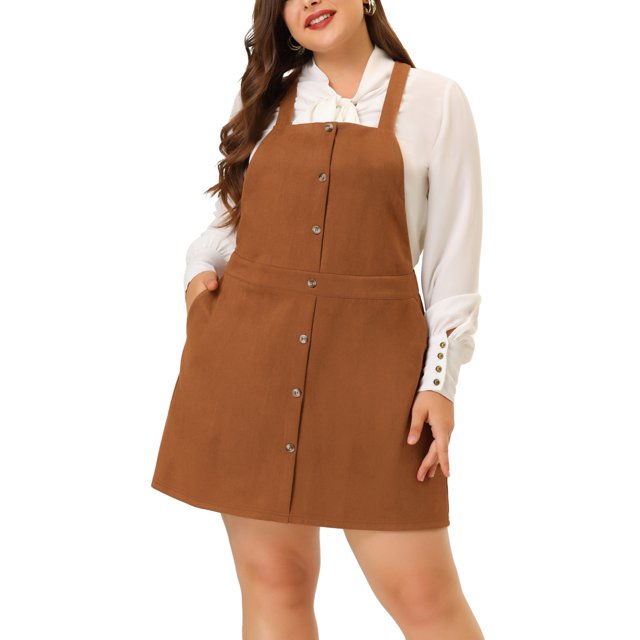 GRACE & GRANDEUR Robe Salopette en Suède pour Femme Grande Taille, Jupe à Bretelles, Taille Haute, Ligne A, Brun 1X