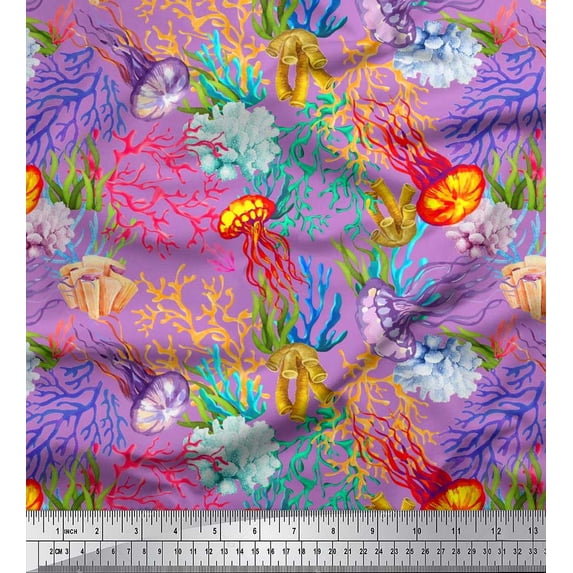 Soimoi Viscose Chiffon Fabric Coral & Jellyfish Ocean Fabric Prints by Yard 42 Inch Wide