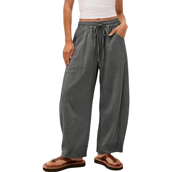 Womens Cotton Linen Barrel Sweatpants Casual Drawstring Elastic Waist Flowy Pants Dark Gray 3XL