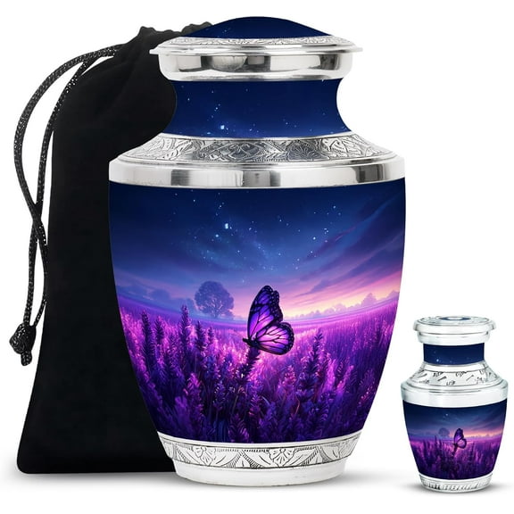 Purple Butterfly Urn, Urns for Human Ashes Adult Female, Mini Keepsake Urns for Ashes, Small and Large Memorial Ash Urn for Women (Size, 10 Inch 1Pcs & 3 Inch, 1 Pcs)