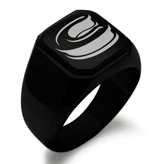 Stainless Steel Letter C Initial 3D Monogram Engraved Engraved Square Flat Top Biker Style Polished Signet Ring