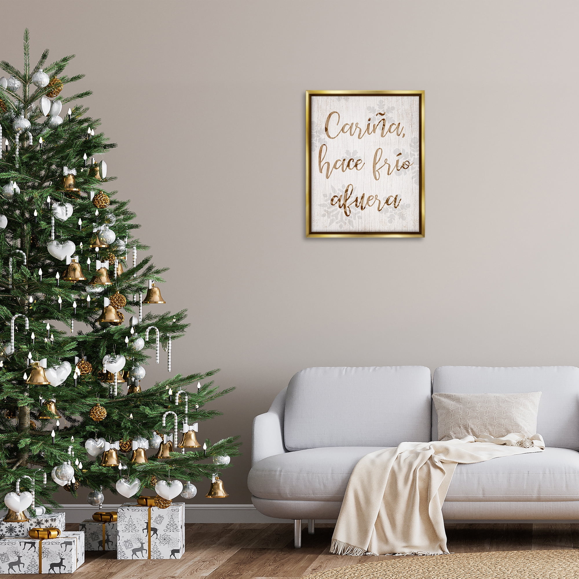 Stupell Industries Cariña Hace Frio Afuera Holiday Painting Gold Floater Framed Art Print Wall Art, 25 x 31