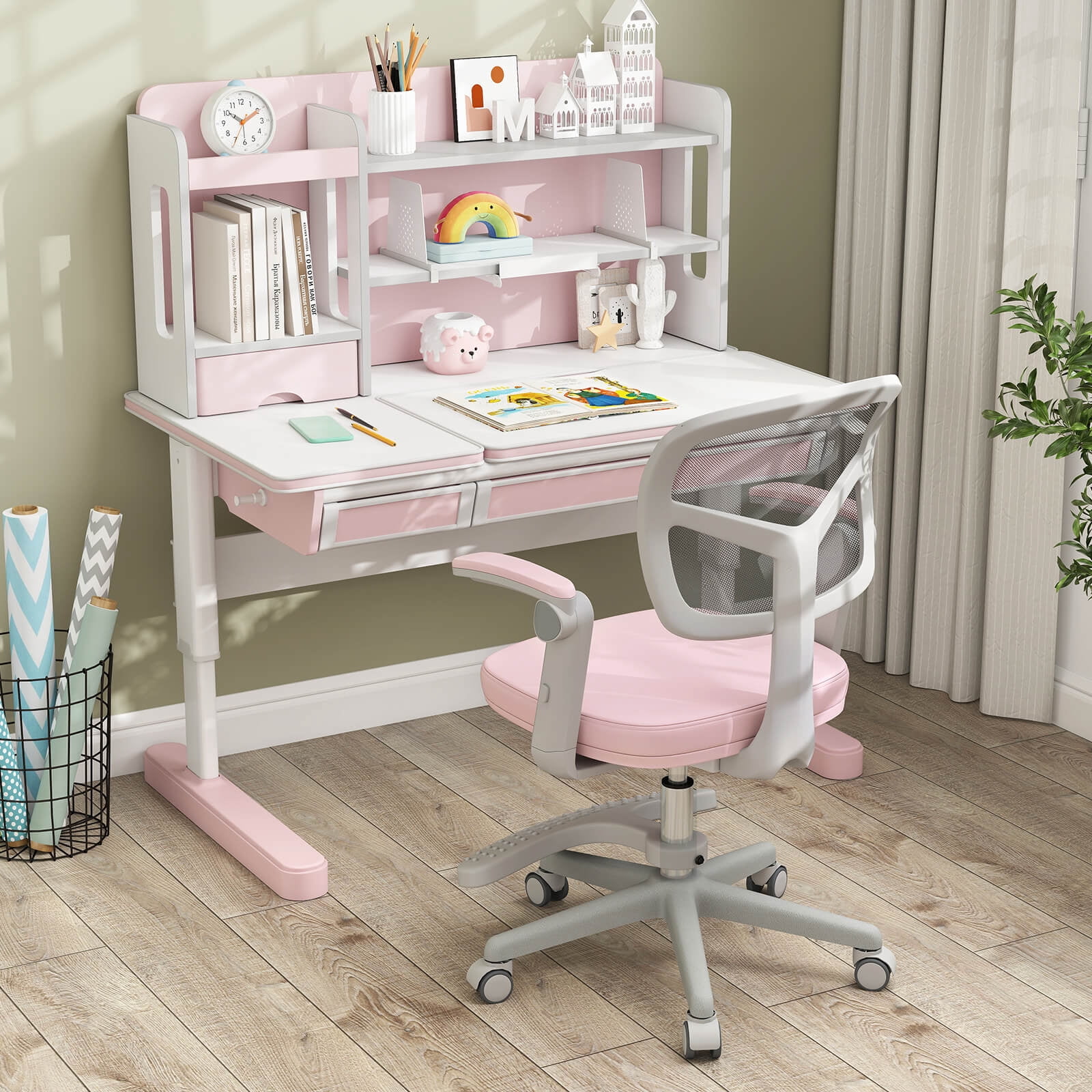 Costway Kids Desk Chair Children Study Chair with Adjustable Height, Armrest & Footrest Pink
