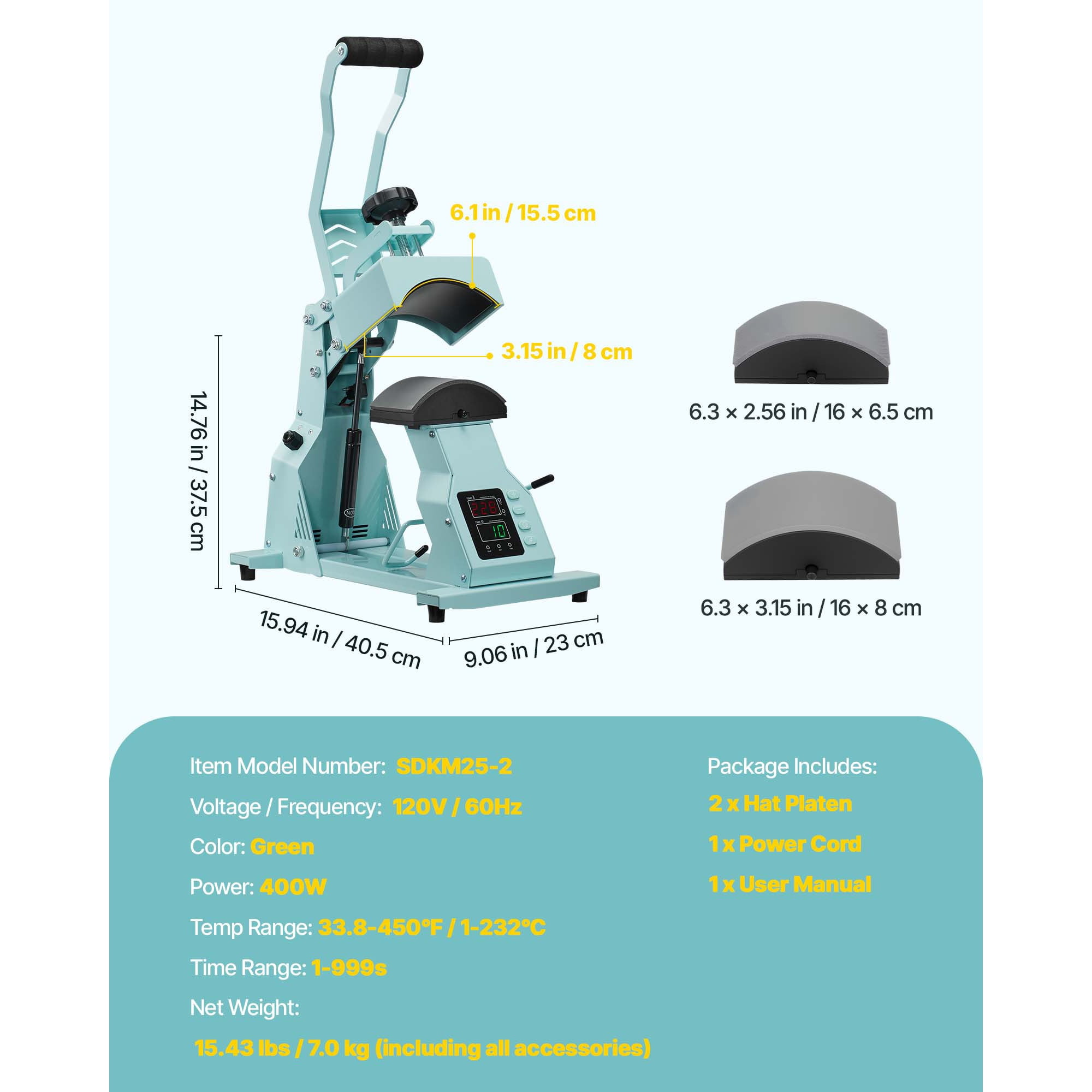 KFFKFF Hat Heat Press Machine with Dual Interchangeable Platens, Accurate Temperature and Time Settings, Ideal for HTV and Sublimation on Caps, Headbands, Cuffs, Face Masks, and More, Green
