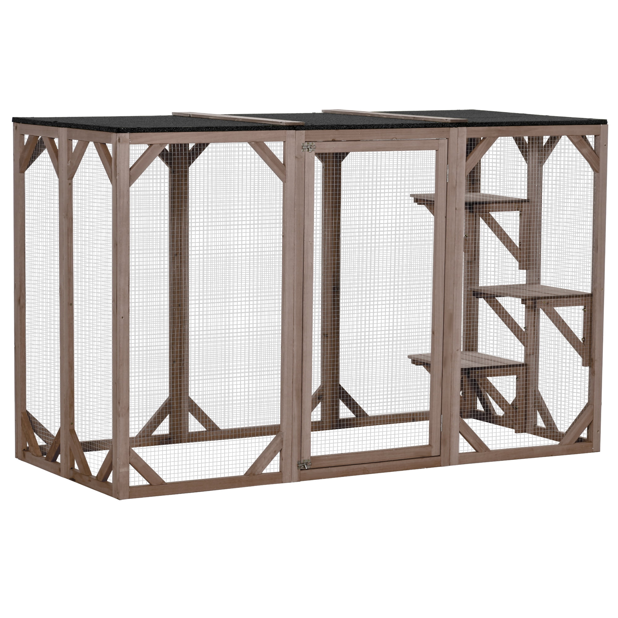 PawHut Wooden Outdoor Cat House Catio Kitten Enclosure Indoor Cage with Asphalt Roof, Multi-Level Platforms and Large Enter Door - 71"L, Brown