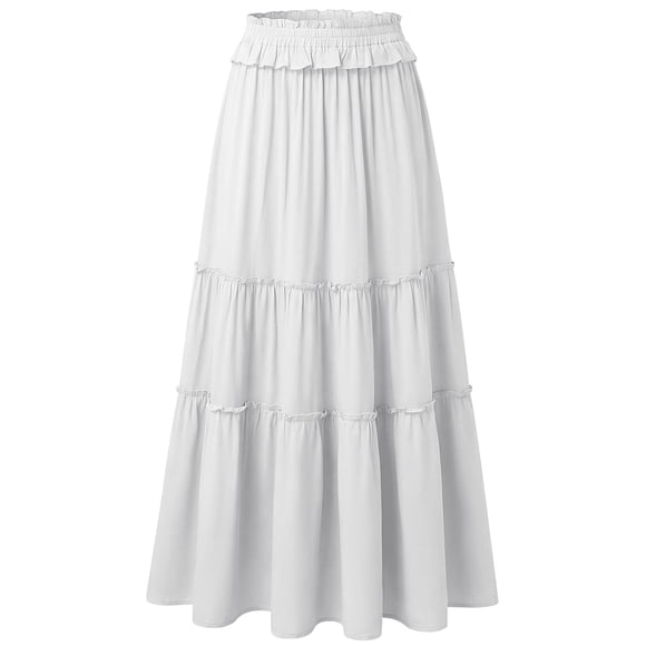 Elvqul Womens Maxi Skirt White Summer A-Line Skirt Pocket Elastic Waisted Vacation Plain Swing Skirts for Ladies Casual