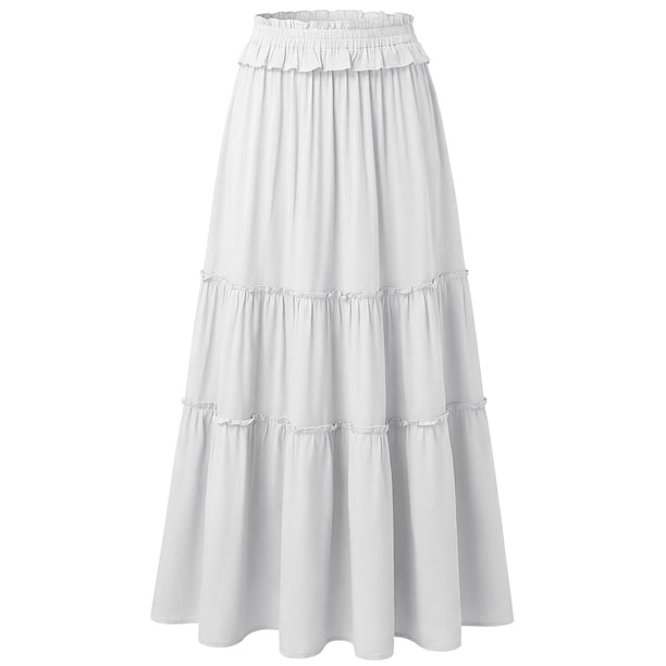 TaTaai Women's Spring Summer Casual Skirt Solid Color Elastic Waist with Pockets Pleated Ankle Length Long Maxi Skirt Soft Stretchy Gift