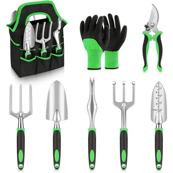 8 Piece Gardening Tool Set with Rubber Grip Durable Storage Tote Bag Green