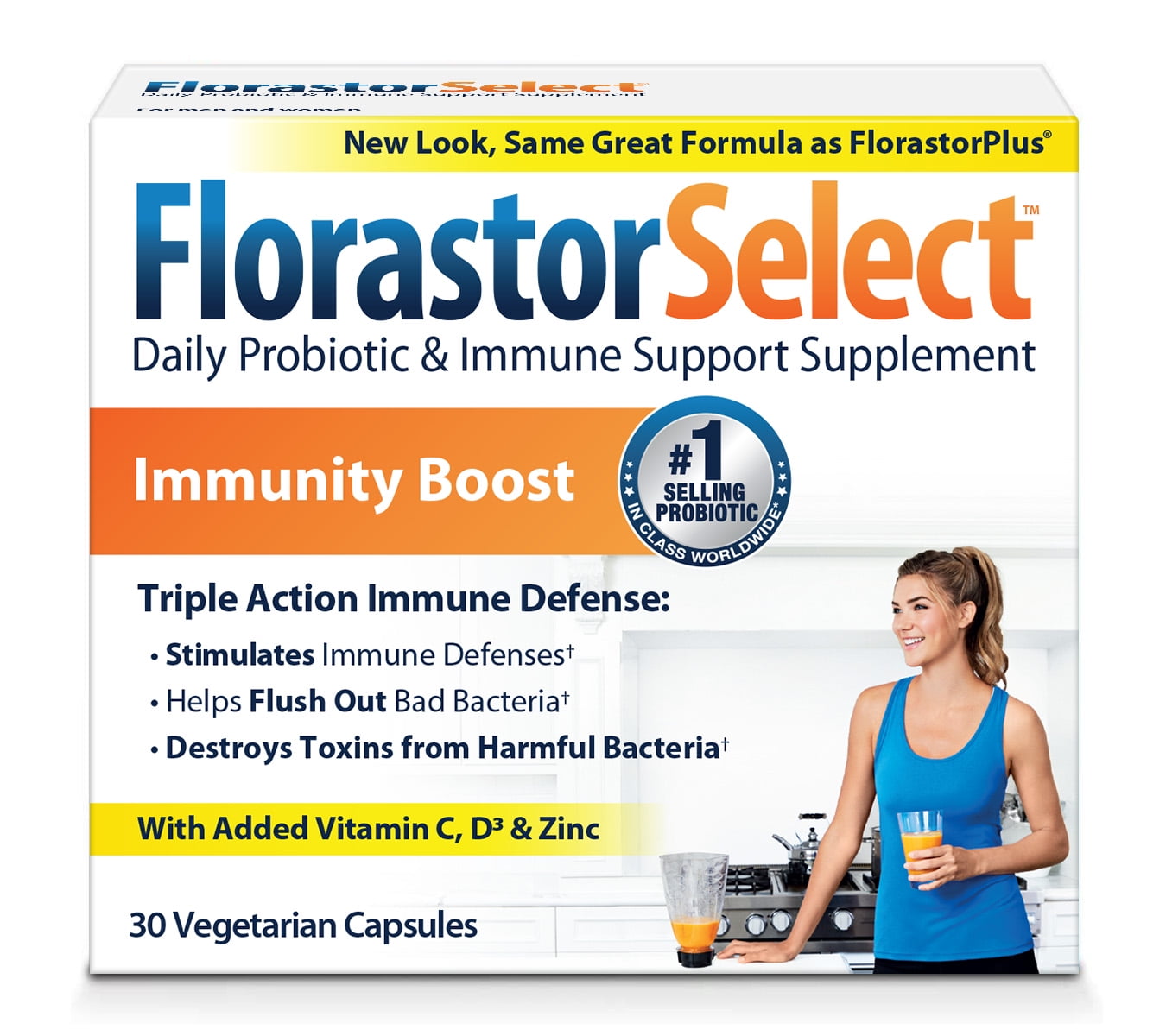 Florastor Select Immunity Boost Daily Probiotic & Immune Support Supplement for Women and Men, Saccharomyces Boulardii CNCM I-745 Plus Zinc, Vitamin C & D3 (30 Capsules)