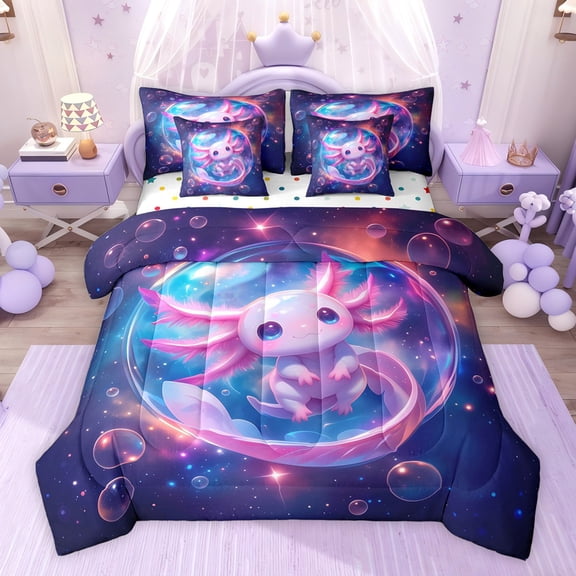 jejeloiu Kawaii Axolotl 7-Piece Twin Bedding Sets,Galaxy Starry Sky Bedding Comforter Set For Girls Women Reversible