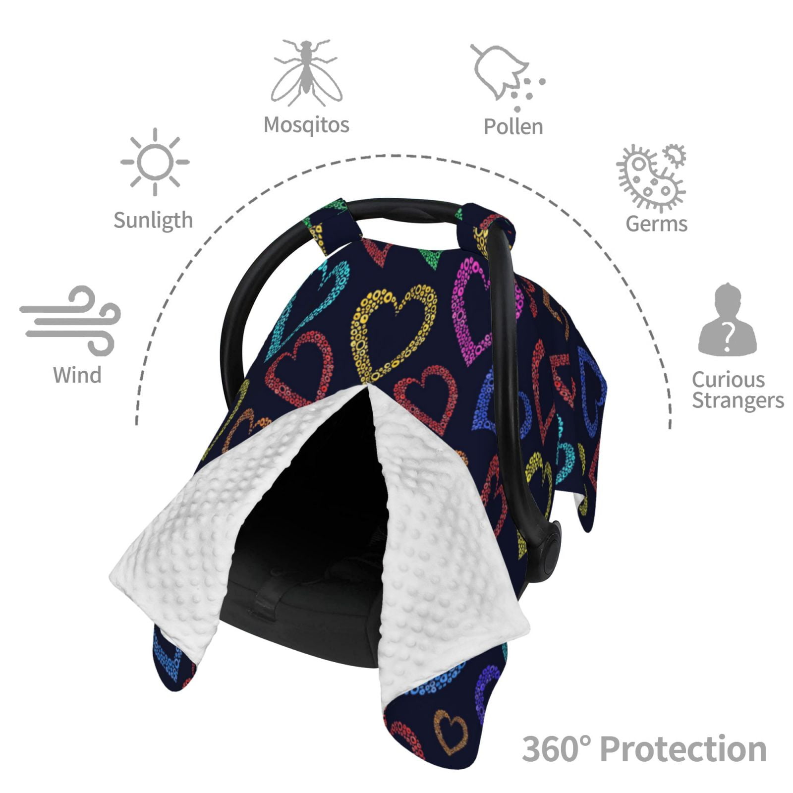 Naloa Colored Hearts Baby Car Seat Cover, Breathable Baby Carrier Cover, Multiuse Baby Carrier Cover & Nursing Breastfeeding Cover