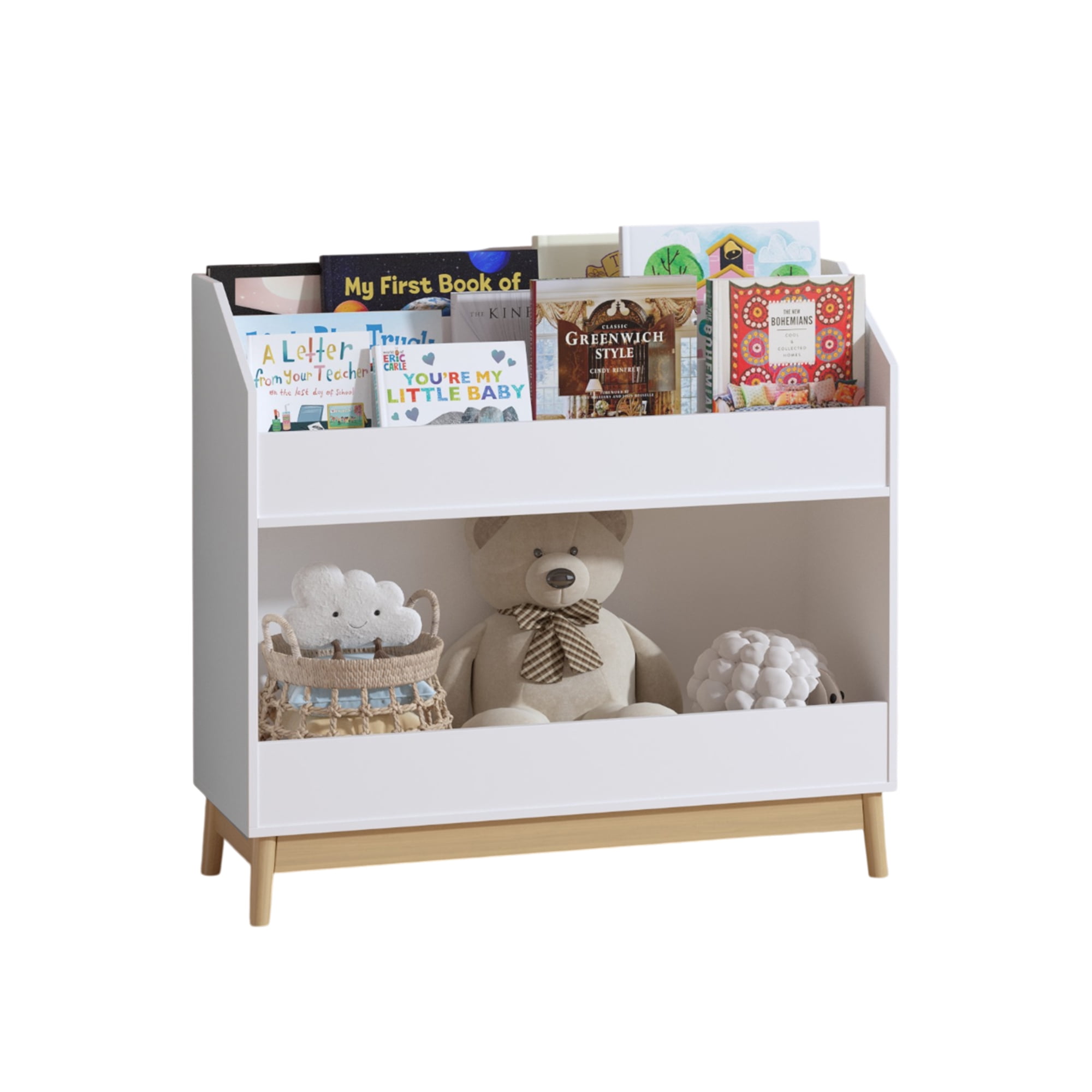 Toddler Book Display Shelf with Storage, Wooden Kids Bookcase Organizer for Bedroom or Playroom, White