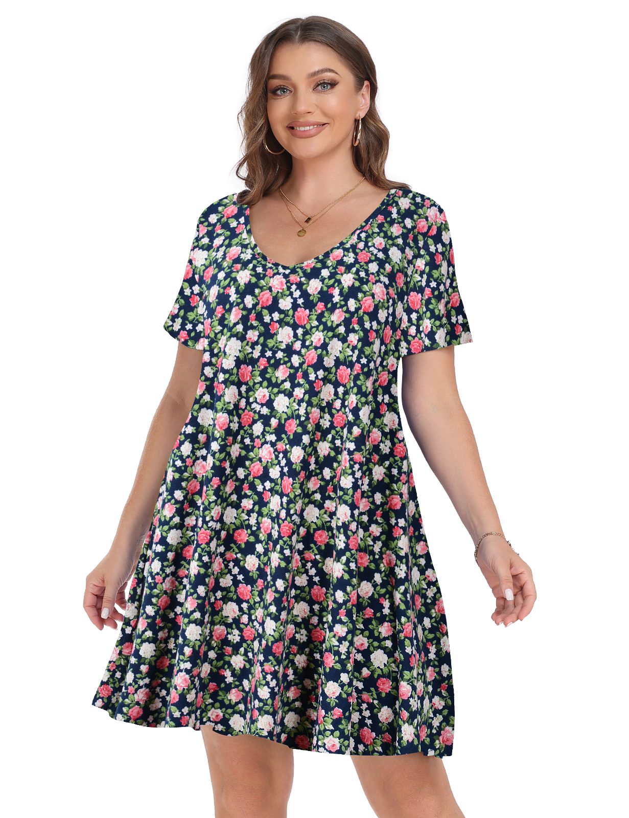 Plus Size Dresses 2X for Women, VEPKUL V Neck T Shirt Dress 2024 Short Sleeve Casual Loose Swing Summer Dress Floral Printed with Pockets - image 5 of 9