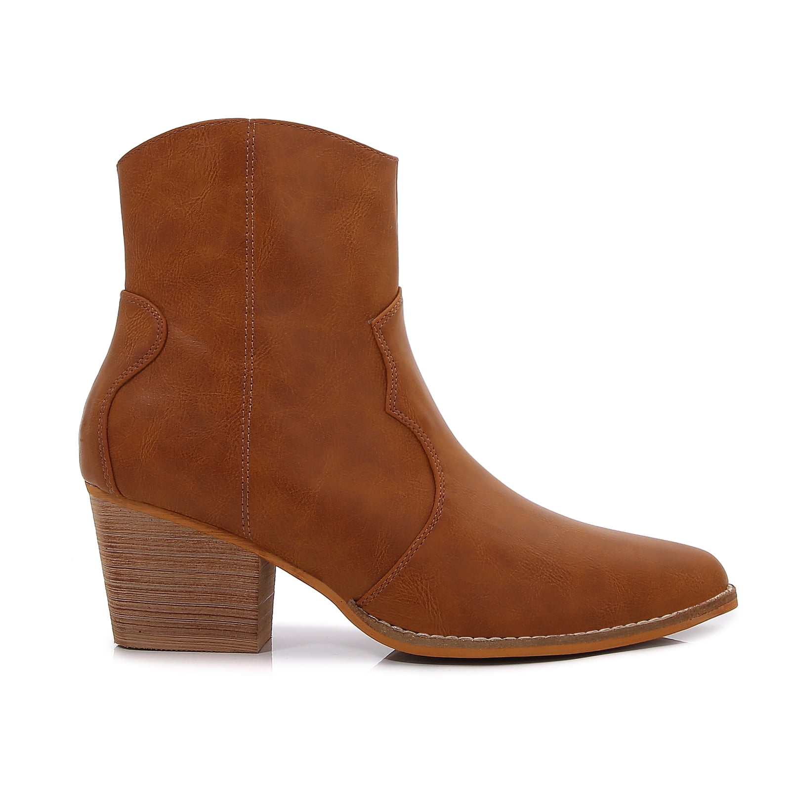 Women PU Leather Stacked Block Heel Western Cowboy Ankle Zip Up Boots (Camel / 10)