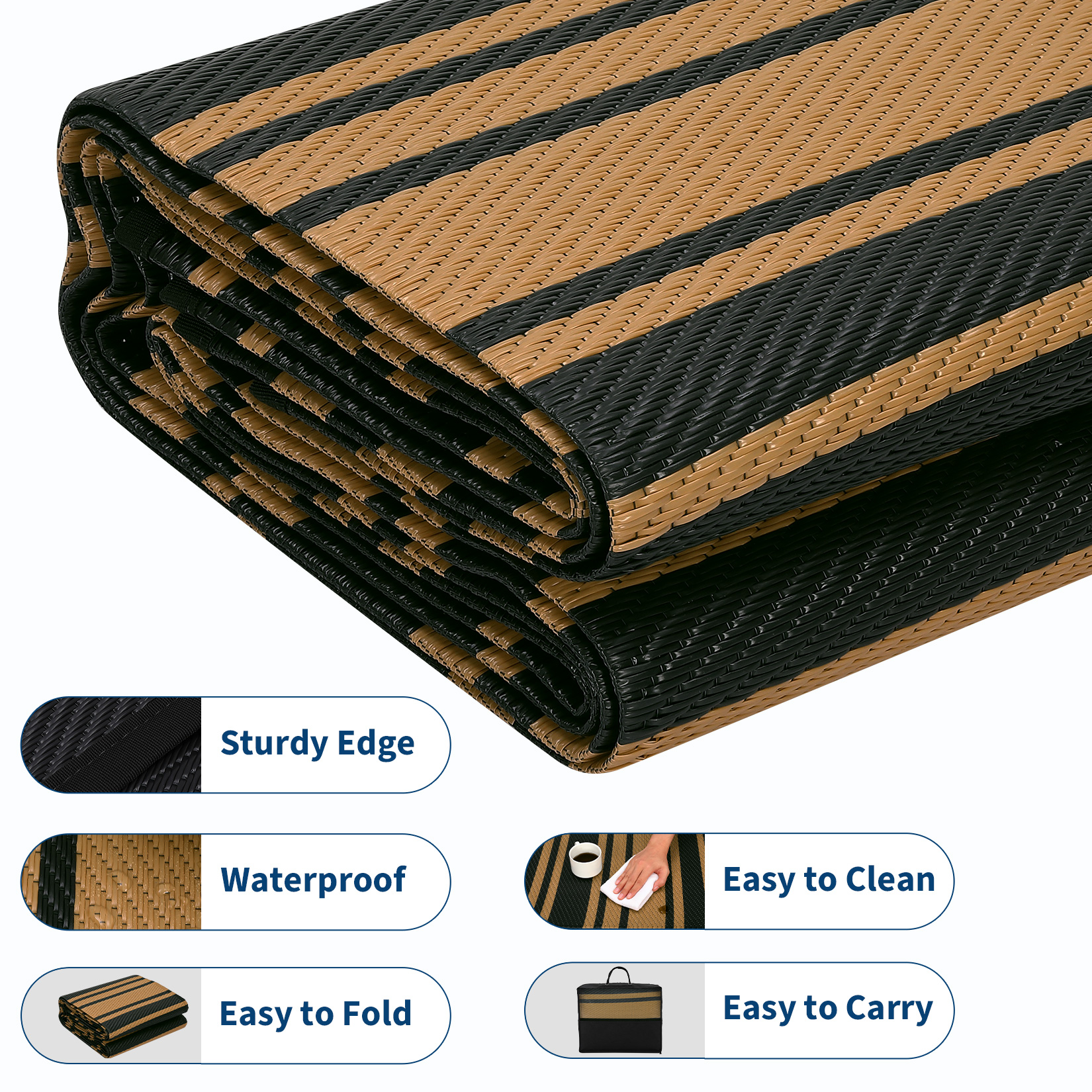HIWEAVER 9' x 12' Black/Brown Outdoor Rug PP Plastic Straw Woven Waterproof Patio Rug with Border Portable Outside Carpet for Balcony Deck Picnic Garden Decor