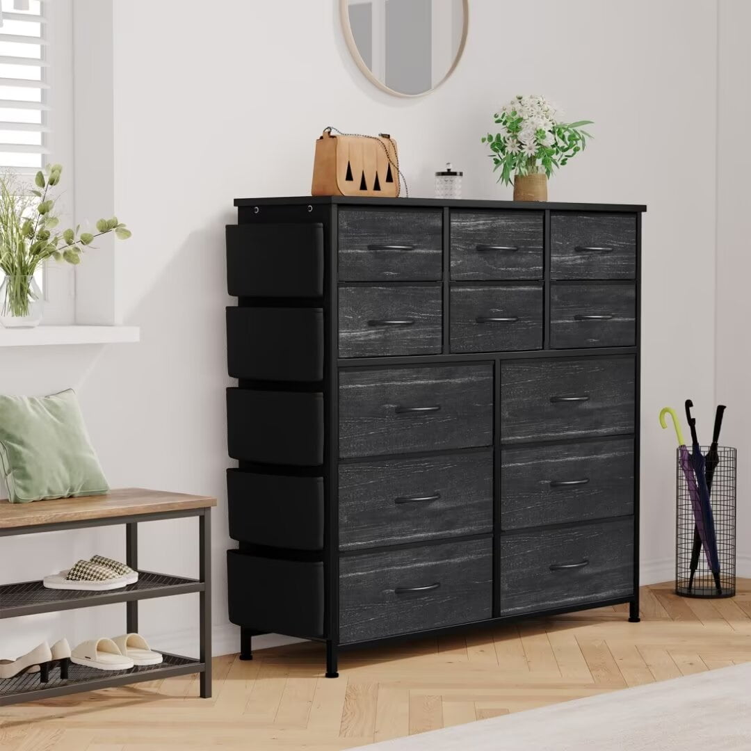 Dresser for Bedroom with 12 Drawers, Wide Fabric Dressers of Drawers with Side Pockets, Chest of Drawers for Living Room, Closet, Hallway, Black