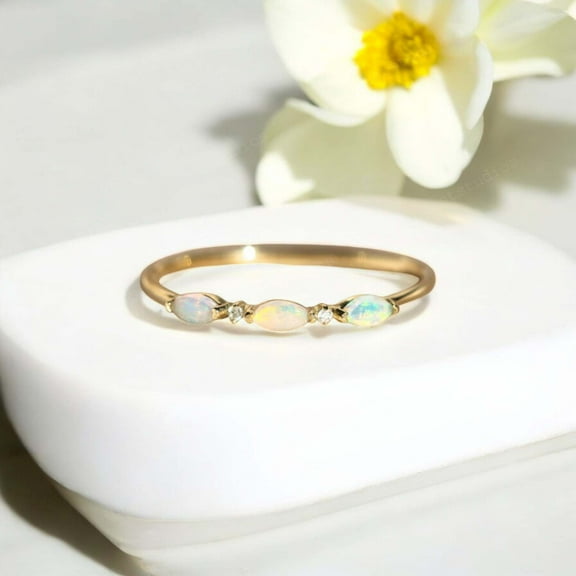 DBESTSTUDIOS 4X2 MM / 0.5 CT Marquise Cut Fire Opal Wedding Band Women Diamond Matching Band Half Eternity Stackable Band Art Deco Promise Gift Band
